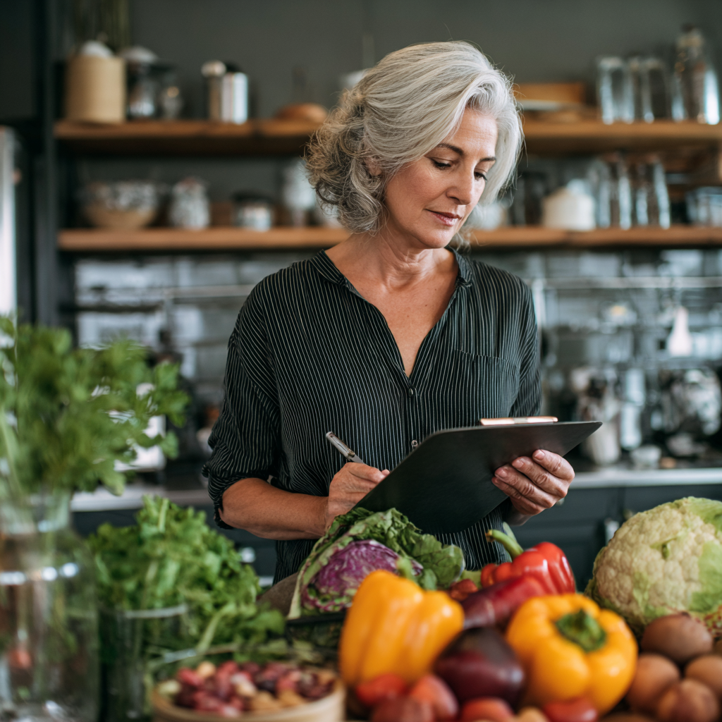 Mature woman planning healthy meals in modern kitchen