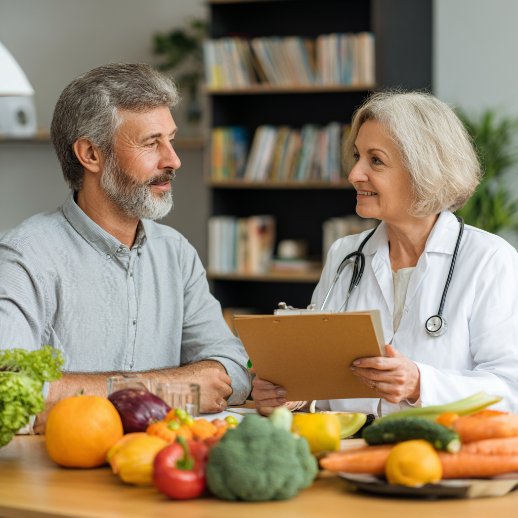 Middle-aged nutritionist consulting with senior client about healthy eating plan